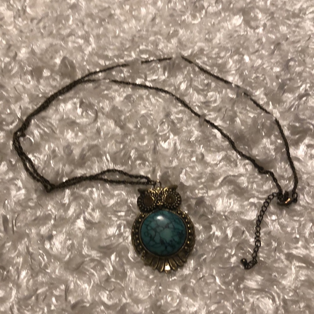 Owl teal and light amber color necklace